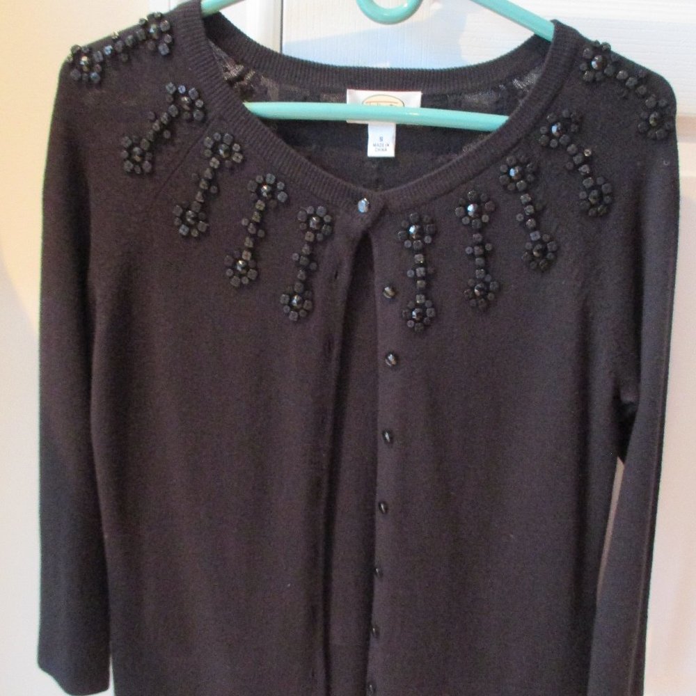 NWOT Talbot's Black Beaded Dress Cardigan, Silk/Cotton/Cashmere Petite Small